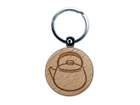 Classic Sweet Teapot Kettle Green Tea Engraved Wood Round Keychain Tag Charm