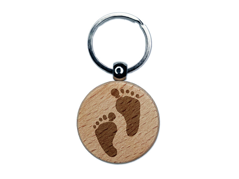 Cute Baby Footprints Silhouette Engraved Wood Round Keychain Tag Charm