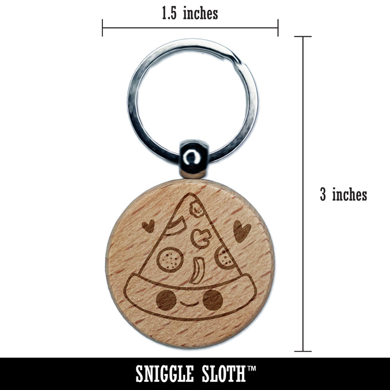 Deliciously Kawaii Chibi Pizza Slice Engraved Wood Round Keychain Tag Charm