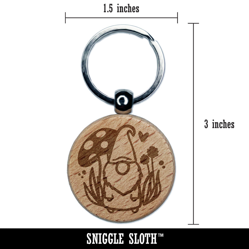 Enchanting Lovable Garden Gnome with Mushrooms Engraved Wood Round Keychain Tag Charm