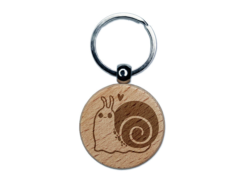 Happy Slow Kawaii Chibi Snail Engraved Wood Round Keychain Tag Charm