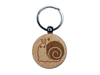 Happy Slow Kawaii Chibi Snail Engraved Wood Round Keychain Tag Charm