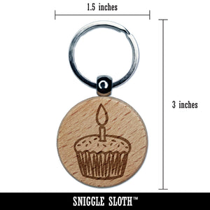 Sprinkled Birthday Cupcake with Candle Engraved Wood Round Keychain Tag Charm