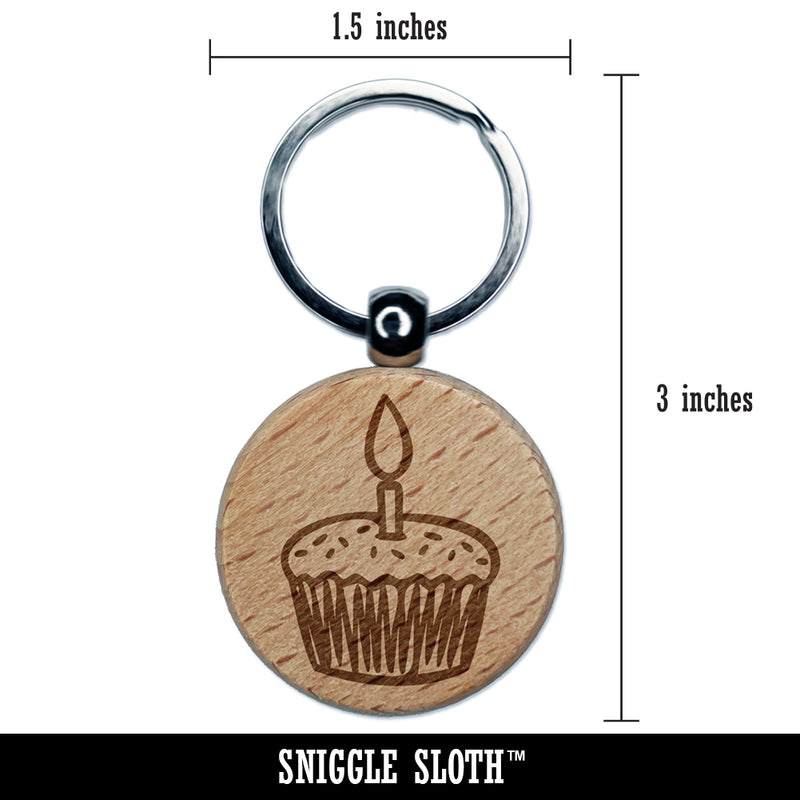 Sprinkled Birthday Cupcake with Candle Engraved Wood Round Keychain Tag Charm