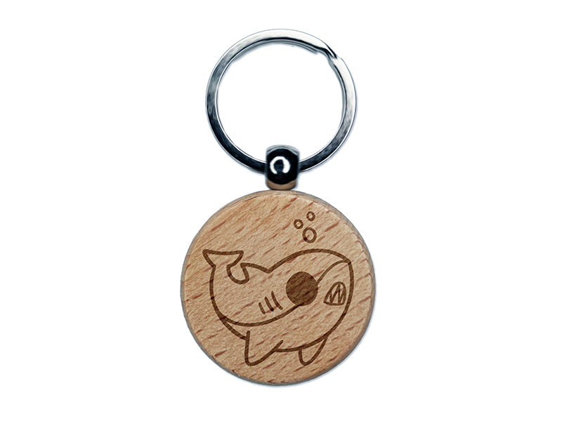 Sweet Kawaii Chibi Shark Engraved Wood Round Keychain Tag Charm