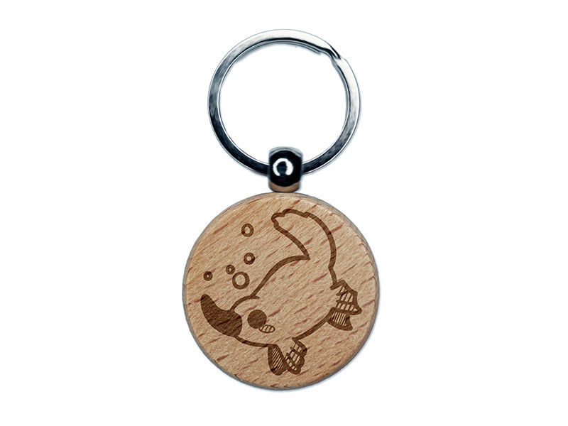 Swimming Kawaii Chibi Duck Billed Platypus Engraved Wood Round Keychain Tag Charm