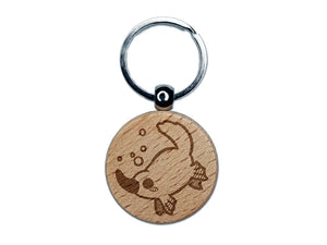 Swimming Kawaii Chibi Duck Billed Platypus Engraved Wood Round Keychain Tag Charm