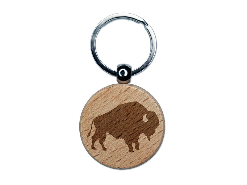 American Bison Buffalo Silhouette Engraved Wood Round Keychain Tag Charm