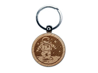 Astronaut In Space on the Moon Engraved Wood Round Keychain Tag Charm