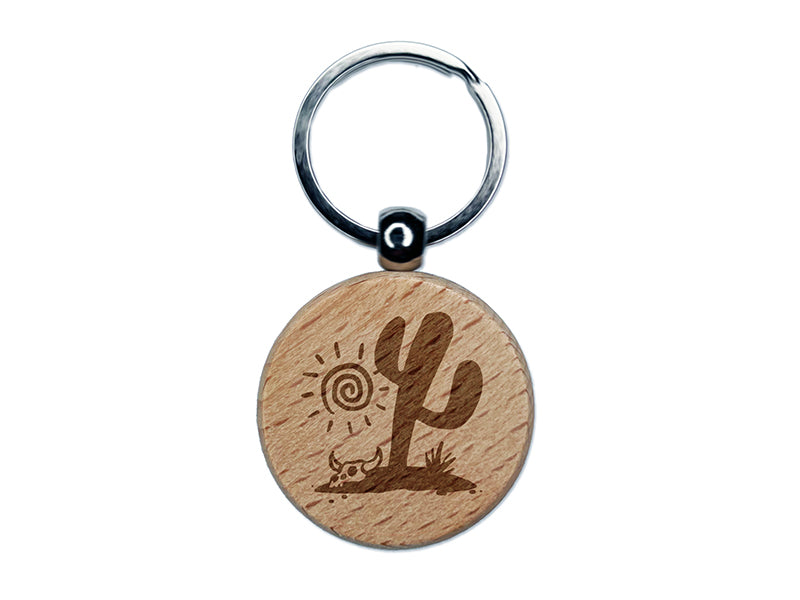 Saguaro Cactus Sonoran Desert Bull Skull Engraved Wood Round Keychain Tag Charm