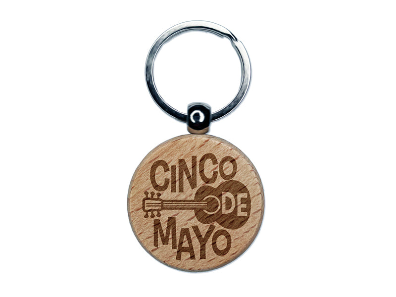 Cinco De Mayo Spanish Guitar Engraved Wood Round Keychain Tag Charm