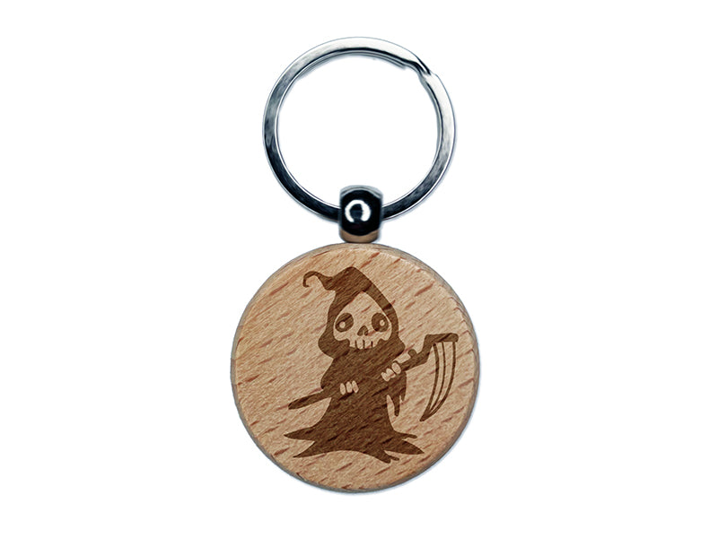 Creepy Spooky Skeleton Grim Reaper with Scythe Horror Engraved Wood Round Keychain Tag Charm