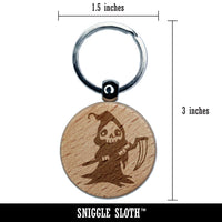 Creepy Spooky Skeleton Grim Reaper with Scythe Horror Engraved Wood Round Keychain Tag Charm