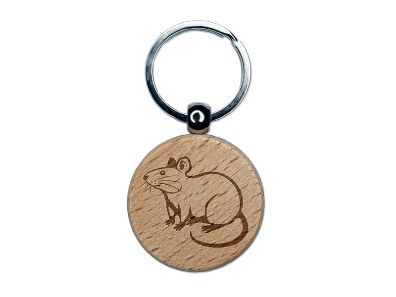 Curious Rat Rodent Engraved Wood Round Keychain Tag Charm