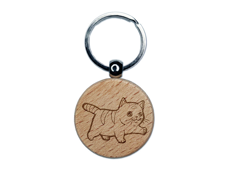 Cute Chubby Munchkin Cat Walking with Conviction Engraved Wood Round Keychain Tag Charm