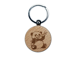 Baby Panda Bear Eating Bamboo Engraved Wood Round Keychain Tag Charm