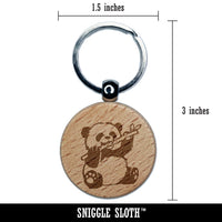 Baby Panda Bear Eating Bamboo Engraved Wood Round Keychain Tag Charm