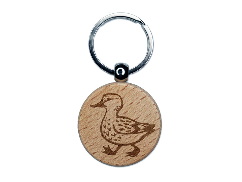 Cute Duck Walking Engraved Wood Round Keychain Tag Charm