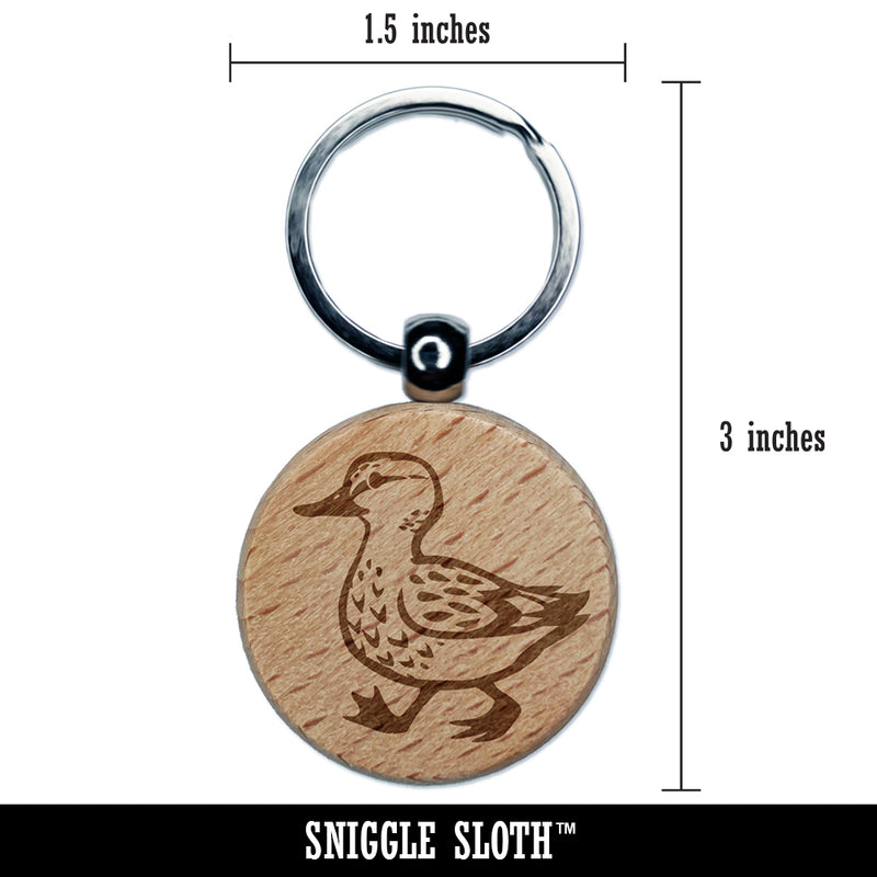 Cute Duck Walking Engraved Wood Round Keychain Tag Charm