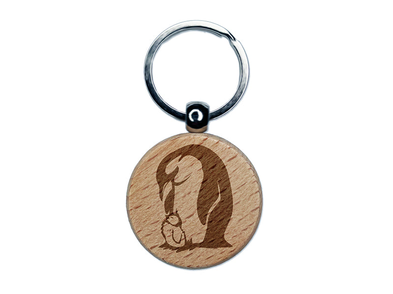 Cute Emperor Penguin Mother with Baby Chick Engraved Wood Round Keychain Tag Charm