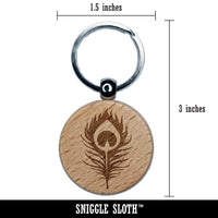 Elegant Peacock Feather Engraved Wood Round Keychain Tag Charm