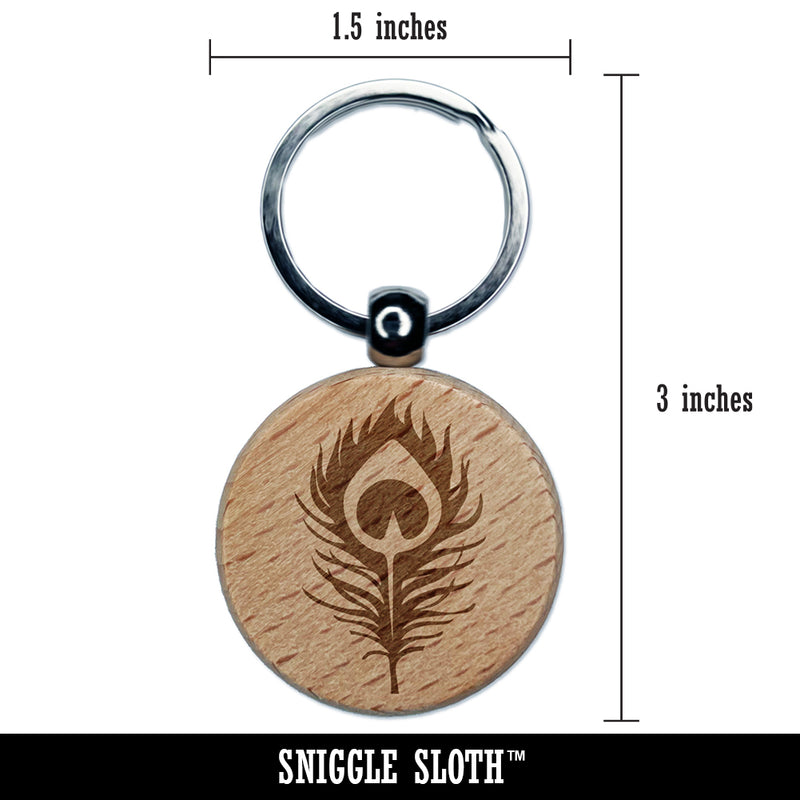 Elegant Peacock Feather Engraved Wood Round Keychain Tag Charm