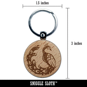 Elegant Sitting Peacock Engraved Wood Round Keychain Tag Charm