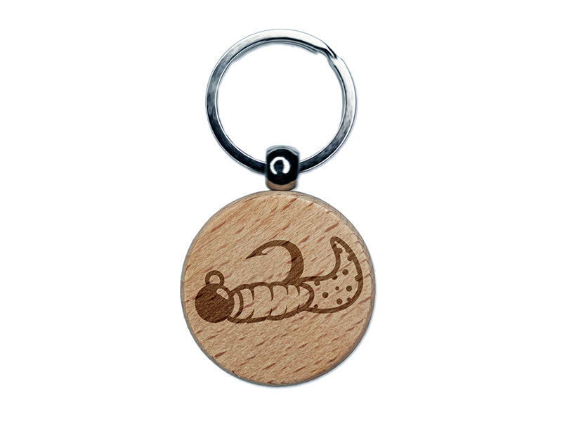 Fishing Jig Rubber Grub Lure Bait Angler Engraved Wood Round Keychain Tag Charm
