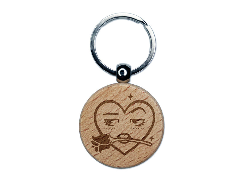 Flirty Heart Face with Rose in Teeth Mouth Engraved Wood Round Keychain Tag Charm