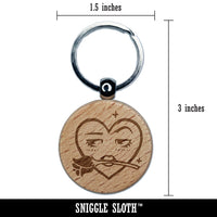Flirty Heart Face with Rose in Teeth Mouth Engraved Wood Round Keychain Tag Charm