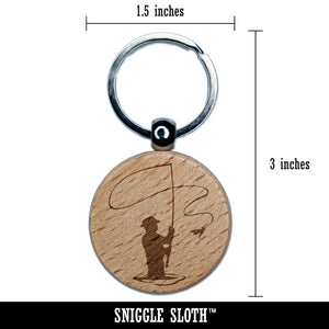 Fly Fishing Fisherman Casting Line Angler Engraved Wood Round Keychain Tag Charm