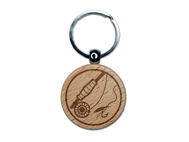 Fly Fishing Rod Reel and Lure Bait Engraved Wood Round Keychain Tag Charm