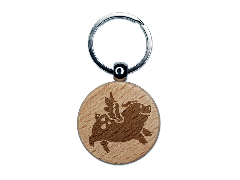 Flying Pig with Wings Engraved Wood Round Keychain Tag Charm