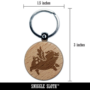 Flying Pig with Wings Engraved Wood Round Keychain Tag Charm