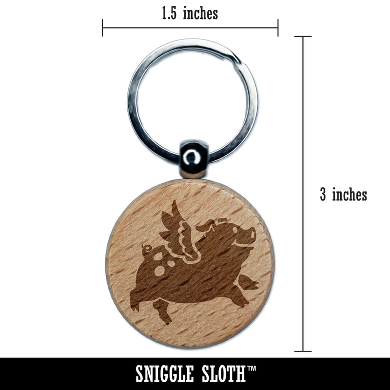 Flying Pig with Wings Engraved Wood Round Keychain Tag Charm