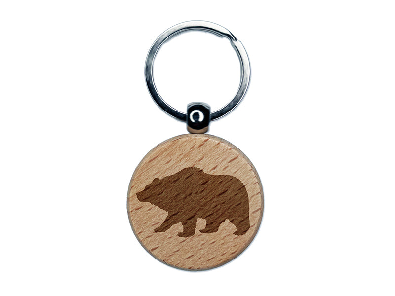 Fuzzy Grizzly Bear Silhouette Engraved Wood Round Keychain Tag Charm