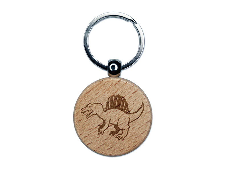Hungry Spinosaurus Dinosaur with Sail Spines Engraved Wood Round Keychain Tag Charm