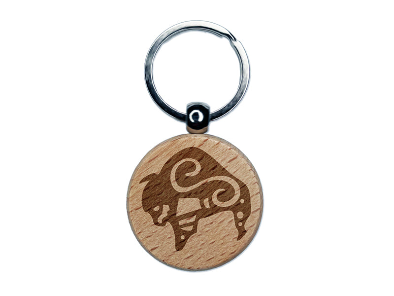 Southwest Native American Bison Buffalo Spirit Animal Engraved Wood Round Keychain Tag Charm