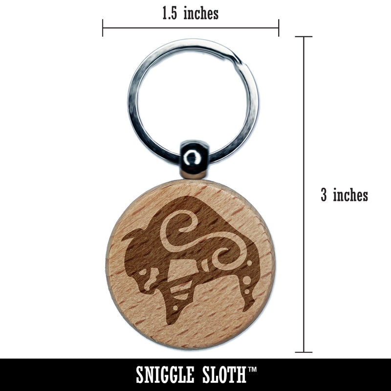 Southwest Native American Bison Buffalo Spirit Animal Engraved Wood Round Keychain Tag Charm
