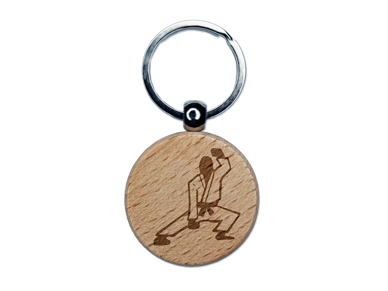 Kung Fu Martial Arts Crouch Stance Karate Gi Engraved Wood Round Keychain Tag Charm