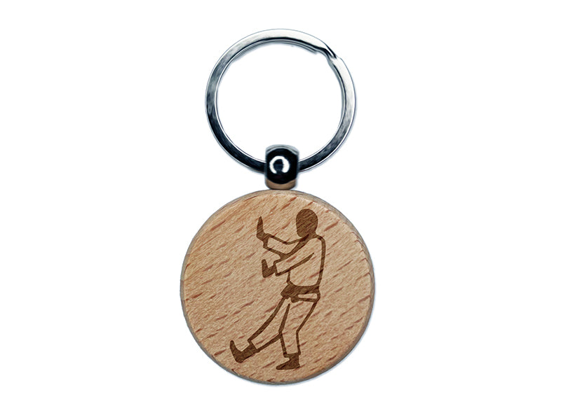 Kung Fu Martial Arts Tai Chi Stance Karate Gi Engraved Wood Round Keychain Tag Charm