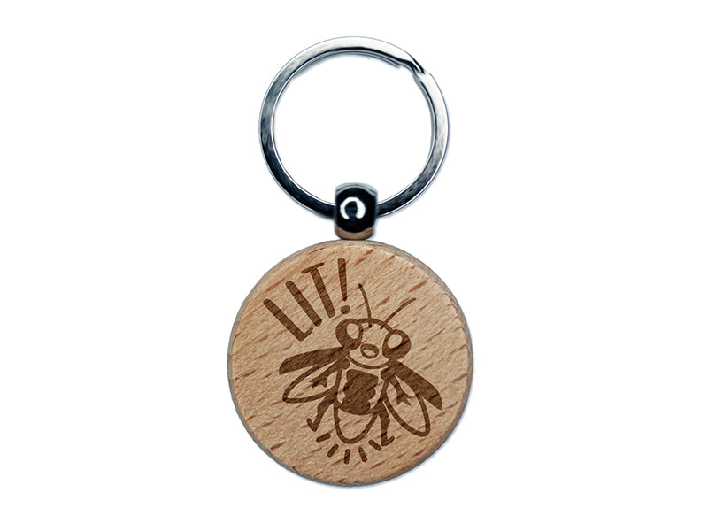 Lit Cute Firefly Insect Engraved Wood Round Keychain Tag Charm