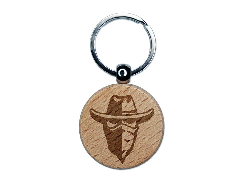 Masked Cowboy Bandit Highwayman with Hat and Bandana Engraved Wood Round Keychain Tag Charm