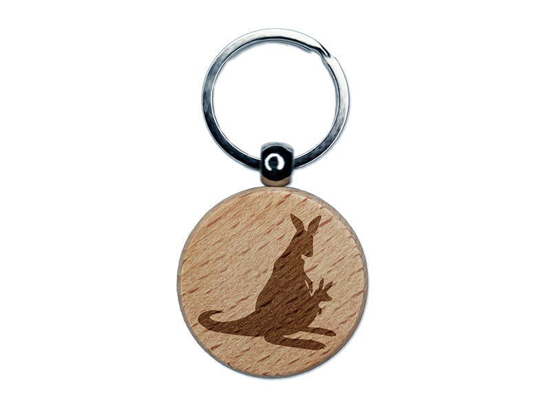 Mother Kangaroo with Baby Joey in Pouch Silhouette Engraved Wood Round Keychain Tag Charm