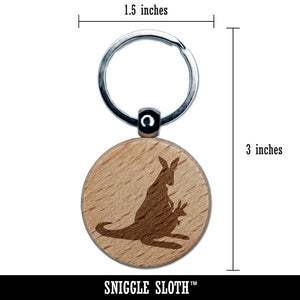 Mother Kangaroo with Baby Joey in Pouch Silhouette Engraved Wood Round Keychain Tag Charm