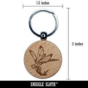 Perched Dragonfly Dasher Darner Insect Engraved Wood Round Keychain Tag Charm