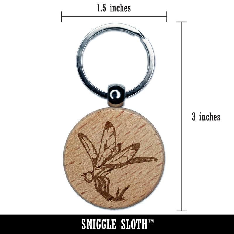 Perched Dragonfly Dasher Darner Insect Engraved Wood Round Keychain Tag Charm