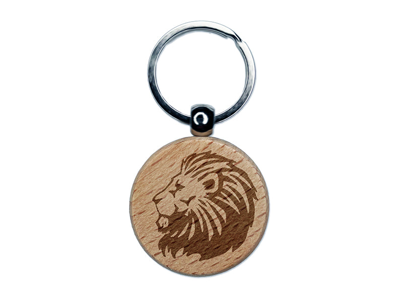 Regal Maned Lion Head Side Profile Engraved Wood Round Keychain Tag Charm