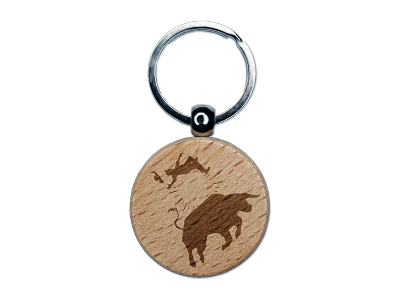 Rodeo Bull Bucking Throwing Cowboy Engraved Wood Round Keychain Tag Charm