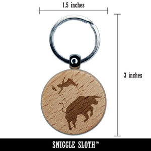 Rodeo Bull Bucking Throwing Cowboy Engraved Wood Round Keychain Tag Charm